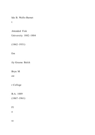 Ida B. Wells-Barnet
t
Attended Fisk
University 1882–1884
(1862–1931)
Em
ily Greene Balch
Bryn M
aw
r College
B.A. 1889
(1867–1961)
Fl
o
re
 