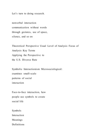 Let’s turn to doing research.
nonverbal interaction
communication without words
through gestures, use of space,
silence, and so on
Theoretical Perspective Usual Level of Analysis Focus of
Analysis Key Terms
Applying the Perspective to
the U.S. Divorce Rate
Symbolic Interactionism Microsociological:
examines small-scale
patterns of social
interaction
Face-to-face interaction, how
people use symbols to create
social life
Symbols
Interaction
Meanings
Definitions
 