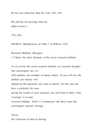 He has less education than his wife. 56% 14%
His job has less prestige than his
father-in-law’s.
37% 28%
SOURCE: Modification of Table 1 in O'Brien 1975.
Research Methods (Designs)
1.7 Know the main elements of the seven research methods.
As we review the seven research methods (or research designs)
that sociologists use, we
will continue our example of spouse abuse. As you will see, the
method you choose will
depend on the questions you want to answer. So that you can
have a yardstick for com-
paring the results of your research, you will want to know what
“average” is in your
research findings. Table 1.3 summarizes the three ways that
sociologists measure average.
survey
the collection of data by having
 