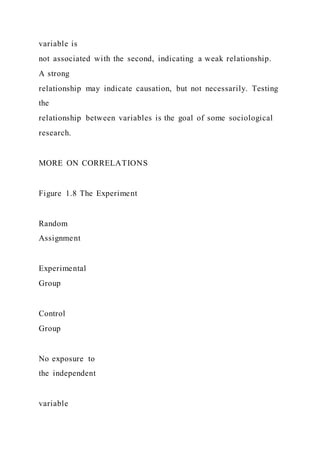 variable is
not associated with the second, indicating a weak relationship.
A strong
relationship may indicate causation, but not necessarily. Testing
the
relationship between variables is the goal of some sociological
research.
MORE ON CORRELATIONS
Figure 1.8 The Experiment
Random
Assignment
Experimental
Group
Control
Group
No exposure to
the independent
variable
 