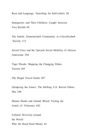 Race and Language: Searching for Self-Labels 50
Immigrants and Their Children: Caught between
Two Worlds 89
The Amish: Gemeinschaft Community in a Gesellschaft
Society 113
Social Class and the Upward Social Mobility of African
Americans 250
Tiger Woods: Mapping the Changing Ethnic
Terrain 265
The Illegal Travel Guide 287
Glimpsing the Future: The Shifting U.S. Racial–Ethnic
Mix 298
Human Heads and Animal Blood: Testing the
Limits of Tolerance 442
Cultural Diversity around
the World
Why the Dead Need Money 42
 