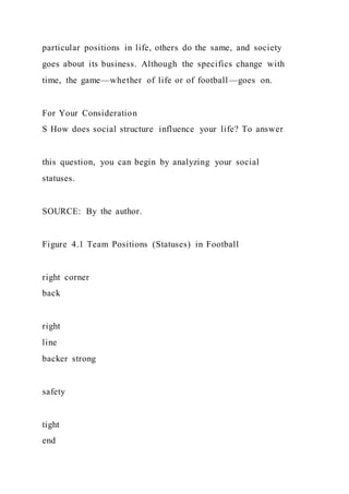 particular positions in life, others do the same, and society
goes about its business. Although the specifics change with
time, the game—whether of life or of football—goes on.
For Your Consideration
S How does social structure influence your life? To answer
this question, you can begin by analyzing your social
statuses.
SOURCE: By the author.
Figure 4.1 Team Positions (Statuses) in Football
right corner
back
right
line
backer strong
safety
tight
end
 