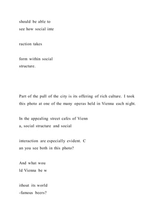 should be able to
see how social inte
raction takes
form within social
structure.
Part of the pull of the city is its offering of rich culture. I took
this photo at one of the many operas held in Vienna each ni ght.
In the appealing street cafes of Vienn
a, social structure and social
interaction are especially evident. C
an you see both in this photo?
And what wou
ld Vienna be w
ithout its world
-famous beers?
 