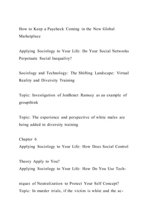 How to Keep a Paycheck Coming in the New Global
Marketplace
Applying Sociology to Your Life: Do Your Social Networks
Perpetuate Social Inequality?
Sociology and Technology: The Shifting Landscape: Virtual
Reality and Diversity Training
Topic: Investigation of JonBenet Ramsey as an example of
groupthink
Topic: The experience and perspective of white males are
being added to diversity training
Chapter 6
Applying Sociology to Your Life: How Does Social Control
Theory Apply to You?
Applying Sociology to Your Life: How Do You Use Tech-
niques of Neutralization to Protect Your Self Concept?
Topic: In murder trials, if the victim is white and the ac-
 