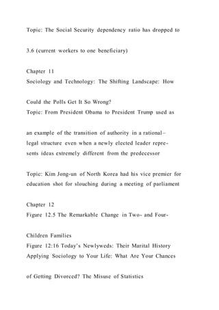 Topic: The Social Security dependency ratio has dropped to
3.6 (current workers to one beneficiary)
Chapter 11
Sociology and Technology: The Shifting Landscape: How
Could the Polls Get It So Wrong?
Topic: From President Obama to President Trump used as
an example of the transition of authority in a rational–
legal structure even when a newly elected leader repre-
sents ideas extremely different from the predecessor
Topic: Kim Jong-un of North Korea had his vice premier for
education shot for slouching during a meeting of parliament
Chapter 12
Figure 12.5 The Remarkable Change in Two- and Four-
Children Families
Figure 12:16 Today’s Newlyweds: Their Marital History
Applying Sociology to Your Life: What Are Your Chances
of Getting Divorced? The Misuse of Statistics
 