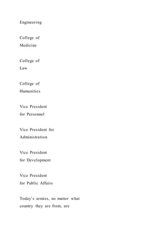 Engineering
College of
Medicine
College of
Law
College of
Humanities
Vice President
for Personnel
Vice President for
Administration
Vice President
for Development
Vice President
for Public Affairs
Today’s armies, no matter what
country they are from, are
 