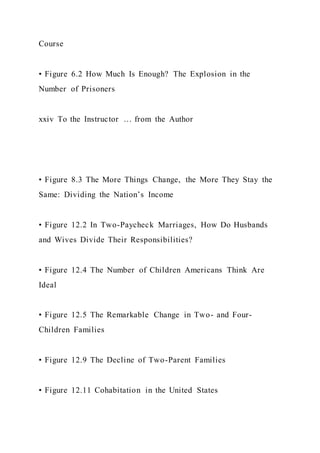Course
• Figure 6.2 How Much Is Enough? The Explosion in the
Number of Prisoners
xxiv To the Instructor … from the Author
• Figure 8.3 The More Things Change, the More They Stay the
Same: Dividing the Nation’s Income
• Figure 12.2 In Two-Paycheck Marriages, How Do Husbands
and Wives Divide Their Responsibilities?
• Figure 12.4 The Number of Children Americans Think Are
Ideal
• Figure 12.5 The Remarkable Change in Two- and Four-
Children Families
• Figure 12.9 The Decline of Two-Parent Families
• Figure 12.11 Cohabitation in the United States
 