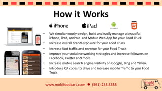 How it Works 
• We simultaneously design, build and easily manage a beautiful 
iPhone, iPad, Android and Mobile Web App for your Food Truck 
• Increase overall brand exposure for your Food Truck 
• Increase foot traffic and revenue for your Food Truck 
• Improve your social networking strategies and increase followers on 
Facebook, Twitter and more. 
• Increase mobile search engine visibility on Google, Bing and Yahoo. 
• Introduce QR codes to drive and increase mobile Traffic to your Food 
Truck 
www.mobifoodcart.com  (561) 255.3555 
 