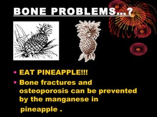 BONE PROBLEMS…?
• EAT PINEAPPLE!!!
• Bone fractures and
osteoporosis can be prevented
by the manganese in
pineapple .
 