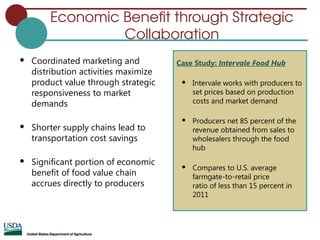 Economic Benefit through Strategic
Collaboration
 Coordinated marketing and
distribution activities maximize
product value through strategic
responsiveness to market
demands
 Shorter supply chains lead to
transportation cost savings
 Significant portion of economic
benefit of food value chain
accrues directly to producers
Case Study: Intervale Food Hub
 Intervale works with producers to
set prices based on production
costs and market demand
 Producers net 85 percent of the
revenue obtained from sales to
wholesalers through the food
hub
 Compares to U.S. average
farmgate-to-retail price
ratio of less than 15 percent in
2011
 