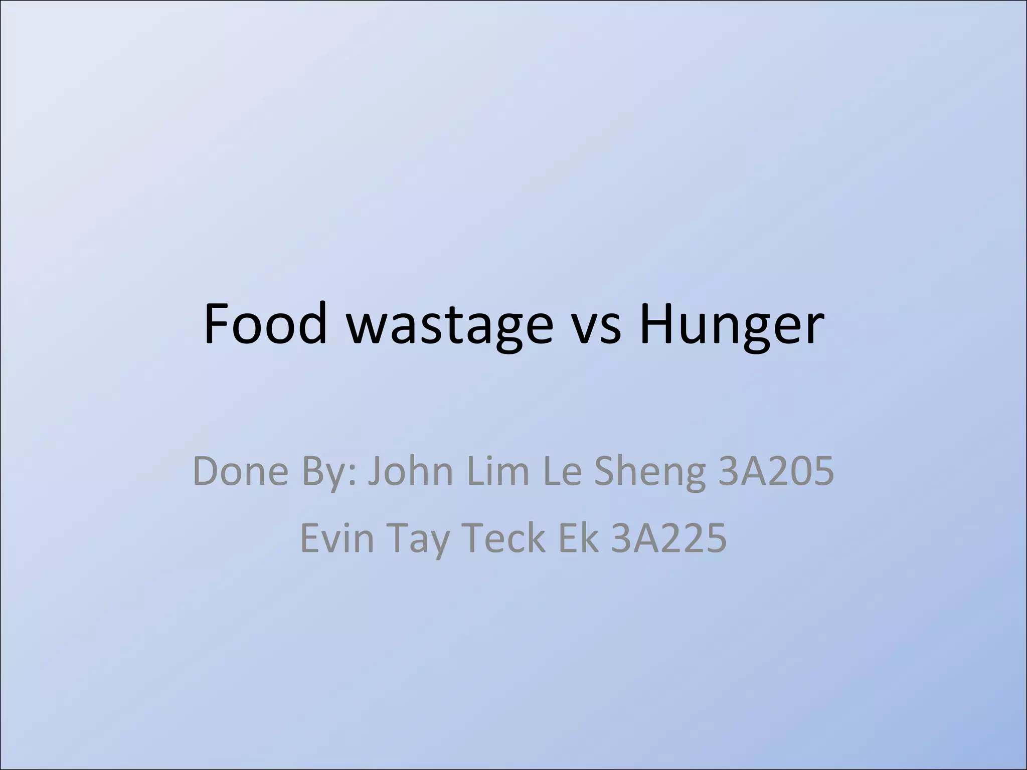 Food wastage vs Hunger Done By: John Lim Le Sheng 3A205 Evin Tay Teck Ek 3A225