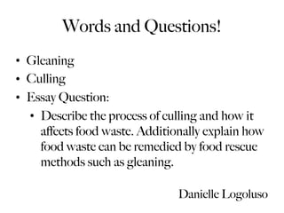 Words and Questions!
• Gleaning
• Culling
• Essay Question:
• Describe the process of culling and how it
affects food waste. Additionally explain how
food waste can be remedied by food rescue
methods such as gleaning.
Danielle Logoluso
 