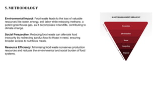 5. METHODOLOGY
Environmental Impact: Food waste leads to the loss of valuable
resources like water, energy, and labor while releasing methane, a
potent greenhouse gas, as it decomposes in landfills, contributing to
climate change.
Social Perspective: Reducing food waste can alleviate food
insecurity by redirecting surplus food to those in need, ensuring
broader access to nutritious meals.
Resource Efficiency: Minimizing food waste conserves production
resources and reduces the environmental and social burden of food
systems.
 
