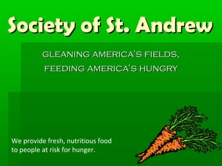 Society of St. Andrew
          gleaning america’s fields,
          feeding america’s hungry




We provide fresh, nutritious food
to people at risk for hunger.
 