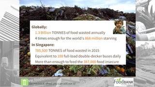 Globally:
1.3 Billion TONNES of food wasted annually
4 times enough for the world’s 868 million starving
In Singapore:
785,500 TONNES of food wasted in 2015
Equivalent to 108 full-load double-decker buses daily
More than enough to feed the 387,000 food insecure
Do not bin it when you can still eat it!
 