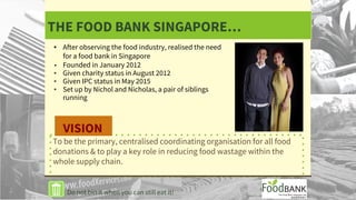 THE FOOD BANK SINGAPORE…
▪ After observing the food industry, realised the need
for a food bank in Singapore
▪ Founded in January 2012
▪ Given charity status in August 2012
▪ Given IPC status in May 2015
▪ Set up by Nichol and Nicholas, a pair of siblings
running
To be the primary, centralised coordinating organisation for all food
donations & to play a key role in reducing food wastage within the
whole supply chain.
VISION
Do not bin it when you can still eat it!
 