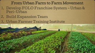 From Urban Farm to Farm Movement
1. Develop FOLO Franchise System – Urban &
Peri-Urban
2. Build Expansion Team
3. Urban Farmer Training Institute
 
