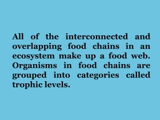 All of the interconnected and
overlapping food chains in an
ecosystem make up a food web.
Organisms in food chains are
grouped into categories called
trophic levels.
 