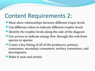 Content Requirements 2:
Must show relationships between different tropic levels
Use different colors to indicate different trophic levels
Identify the trophic levels along the side of the diagram
Use arrows to indicate energy flow through the web from
species to species
Create a key listing of all of the producers, primary
consumers, secondary consumers, tertiary consumers, and
decomposers
Make it neat and artistic