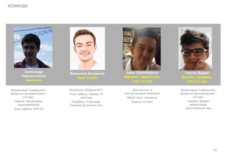 12
КОМАНДА
Александр
Перевозчиков
Аналитик
Финансовый Университет,
Кредитно-экономический –
2-й курс.
Навыки: Финансовое
моделирование
Опыт работы: ВТБ 24
Всеволод Богданов
Team-Leader
Jasur Salakhitdinov
Идеолог, маркетолог,
спец по еде
Консультант в
консалтинговой компании.
Имеет опыт в бизнесе.
Хорошо готовит.
Гнутов Вадим
Дизайн, продажи,
спец по еде
Финансовый Университет,
Кредитно-экономический –
2-й курс.
Навыки: Дизайн
презентаций,
приготовление еды
Выпускник Юрфака МГУ
Опыт работы: Deloitte 19
месяцев
Сбербанк, 6 месяцев,
главный юр.консультант
 