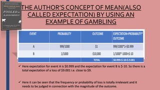 THE AUTHOR’S CONCEPT OF MEAN(ALSO
CALLED EXPECTATION) BY USING AN
EXAMPLE OF GAMBLING
 Here expectation for event A is $0.999 and the expectation for event B is $-10. So there is a
total expectation of a loss of $9.001 i.e. close to $9.
 Here it can be seen that the frequency or probability of loss is totally irrelevant and it
needs to be judged in connection with the magnitude of the outcome.
 