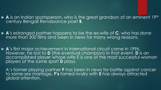  A is an Indian sportsperson, who is the great grandson of an eminent 19th
century Bengali Renaissance poet B.
 A’s estranged partner happens to be the ex-wife of C, who has done
more than 300 films and been in news for many wrong reasons.
 A’s first major achievement in international circuit came in 1996.
However, he lost to D (the eventual champion) in that event. D is an
accomplished player whose wife E is one of the most successful woman
players of the same sport D plays.
A’s former playing partner F has been in news for battle against cancer
to same-sex marriage. F’s famed rivalry with E has always attracted
global attention.
 