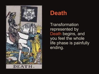 Death 
Transformation 
represented by 
Death begins, and 
you feel the whole 
life phase is painfully 
ending. 
 