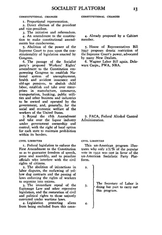 CONSTITUTIONAL CHANGES
I. Proportional representation .
2. Direct election of the president
and vice-president .
3. The initiative and referendum .
4. An amendment to the constitu-
tion to make constitutional amend-
ments less cumbersome .
5. Abolition of the power of the
Supreme Court to pass upon the con-
stitutionality of legislation enacted by
Congress.
6. The passage of the Socialist
party's proposed Workers' Rights'
amendment to the Constitution em-
powering Congress to establish Na-
tional system of unemployment,
health and accident insurance and
old-age pensions, to abolish child
labor, establish and take over enter-
prises in manufacture, commerce,
transportation, banking, public utili-
ties and other business and industries
to be owned and operated by the
government, and, generally, for the
social and economic welfare of the
workers of the United States .
7. Repeal the 18th Amendment
and take over the liquor industry
under government ownership and
control, with the right of local option
for each state to maintain prohibition
within its borders.
CIVIL LIBERTIES
I. Federal legislation to enforce the
First Amendment to the Constitution
so as to guarantee freedom of speech,
press and assembly, and to penalize
officials who interfere with the civil
rights of citizens .
2. The abolition of injunctions in
labor disputes, the outlawing of yel-
low dog contracts and the passing of
laws enforcing the rights of workers
to organize into unions.
3. The immediate repeal of the
Espionage Law and other repressive
legislation, and the restoration of civil
and political rights to those unjustly
convicted under wartime laws.
4. Legislation protecting aliens
from being excluded from this coun-
SOCIALIST PLATFORM
CONSTITUTIONAL CHANGES
4. Already proposed by a Cabinet
member.
5. House of Representatives Bill
7997 proposes drastic restriction of
the Supreme Court's power, advocated
by many New Dealists .
6. Wagner Labor Bill again. Dela-
ware Corps ., PWA, NRA.
7. FACA, Federal Alcohol Control
Administration .
CIVIL LIBERTIES
This un-American program illus-
trates why only 2'/z % of the popular
vote in 1932 was cast in favor of the
un-American Socialistic Party Plat-
form.
13
2.
3-
4-
The Secretary of Labor is
doing her part to carry out
this program .
 
