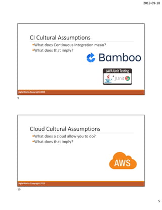 2019-09-18
5
CI Cultural Assumptions
What does Continuous Integration mean?
What does that imply?
AgileWorks Copyright 2019
CIoud Cultural Assumptions
What does a cloud allow you to do?
What does that imply?
AgileWorks Copyright 2019
9
10
 