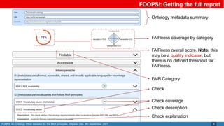 FOOPS! An Ontology Pitfall Validator for the FAIR principles. DBpedia Day, 9th September, 2021
FOOPS!: Getting the full report
6
Ontology metadata summary
FAIRness coverage by category
FAIRness overall score. Note: this
may be a quality indicator, but
there is no deﬁned threshold for
FAIRness.
FAIR Category
Check
Check description
Check coverage
Check explanation
 