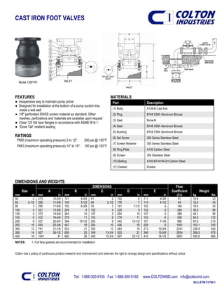 Tel: 1-888-300-9155 Fax: 1-888-300-9160 www.COLTONIND.com info@coltonind.com
BULLETIN CV700-1
CAST IRON FOOT VALVES
Model 125FVFI
FEATURES
● Inexpensive way to maintain pump prime
● Designed for installation at the bottom of a pump suction line,
inside a wet well
● 1/8" perforated 304SS screen material as standard. Other
meshes, perforations and materials are available upon request
● Class 125 flat face flanges in accordance with ASME B16.1.
● “Dove Tail” resilient seating
RATINGS
PMO (maximum operating pressure) 2 to 12": 200 psi @ 150°F
PMO (maximum operating pressure) 14" to 16": 150 psi @ 150°F
MATERIALS
Part Description
(1) Body A126-B Cast Iron
(2) Plug B148 C954 Aluminum Bronze
(3) Seal Buna-N
(4) Seat B148 C954 Aluminum Bronze
(5) Bushing B148 C954 Aluminum Bronze
(6) Set Screw 300 Series Stainless Steel
(7) Screen Retainer 300 Series Stainless Steel
(8) Ring Plate A105 Carbon Steel
(9) Screen 304 Stainless Steel
(10) Bolting A193-B7/A194-2H Carbon Steel
(11) Gasket Rubber
DIMENSIONS AND WEIGHTS
DIMENSIONS Flow
Size A B C D E Coefficient Weight
mm in mm in mm in mm in mm in mm in (Cv) kg lbs
50 2 273 10-3/4 121 4-3/4 51 2 152 6 111 4-3/8 61 10.4 23
65 2-1/2 295 11-5/8 140 5-1/2 64 2-1/2 178 7 114 4-1/2 94 15.4 34
80 3 295 11-5/8 162 6-3/8 76 3 191 7-1/2 102 4 140 19.5 43
100 4 321 12-5/8 229 9 102 4 229 9 102 4 246 30.0 66
125 5 372 14-5/8 254 10 127 5 254 10 127 5 388 43.1 95
150 6 422 16-5/8 279 11 152 6 279 11 152 6 556 54.5 120
200 8 527 20-3/4 394 15-1/2 203 8 343 13-1/2 181 7-1/8 989 97.6 215
250 10 645 25-3/8 457 18 254 10 406 16 229 9 1561 152.1 335
300 12 791 31-1/8 533 21 305 12 483 19 273 10-3/4 2241 238.8 526
350 14 927 36-1/2 635 25 349 13-3/4 533 21 346 13-5/8 3034 306.5 675
400 16 1041 41 660 26 400 15-3/4 597 23-1/2 410 16-1/8 3891 435.8 960
NOTES: 1. Full face gaskets are recommended for installation.
Colton has a policy of continuous product research and improvement and reserves the right to change design and specifications without notice
 