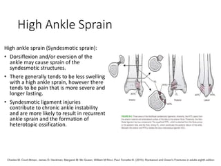 High Ankle Sprain
High ankle sprain (Syndesmotic sprain):
• Dorsiflexion and/or eversion of the
ankle may cause sprain of the
syndesmotic structures.
• There generally tends to be less swelling
with a high ankle sprain, however there
tends to be pain that is more severe and
longer lasting.
• Syndesmotic ligament injuries
contribute to chronic ankle instability
and are more likely to result in recurrent
ankle sprain and the formation of
heterotopic ossification.
Charles M. Court-Brown, James D. Heckman, Margaret M. Mc Queen, William M Ricci, Paul Tornetta III. (2015). Rockwood and Green's Fractures in adults eighth edition
 