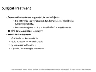 • Conservative treatment supported for acute injuries.
• No difference in overall result, functional scores, objective or
subjective stability.
• Conservative group - return to activities 5.4 weeks sooner
• 10-30% develop residual instability
• Trends in the Literature
• Anatomic vs. Non-anatomic
• Gold Standard - Brostrom-Gould
• Numerous modifications
• Open vs. Arthroscopic Procedures
Surgical Treatment
Charles M. Court-Brown, James D. Heckman, Margaret M. Mc Queen, William M Ricci, Paul Tornetta III. (2015). Rockwood and Green's Fractures in adults eighth edition
 