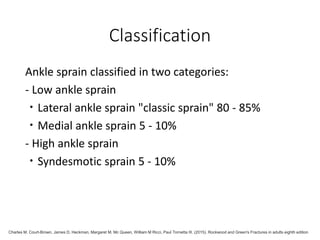 Classification
Ankle sprain classified in two categories:
- Low ankle sprain
ㆍLateral ankle sprain "classic sprain" 80 - 85%
ㆍMedial ankle sprain 5 - 10%
- High ankle sprain
ㆍSyndesmotic sprain 5 - 10%
Charles M. Court-Brown, James D. Heckman, Margaret M. Mc Queen, William M Ricci, Paul Tornetta III. (2015). Rockwood and Green's Fractures in adults eighth edition
 