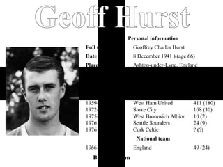 Back to Team Geoff Hurst 49 (24) England 1966-1972 National team 411 (180) 108 (30) 10 (2) 24 (9) ? (?)    West Ham United Stoke City West Bromwich Albion Seattle Sounders Cork Celtic 1959-1972 1972-1975 1975-1976 1976 1976 App (Gls) * Club Years Senior clubs 1 Striker Playing position Ashton-under-Lyne, England Place of birth     8 December 1941 ) (age 66) Date of birth Geoffrey Charles Hurst Full name Personal information 