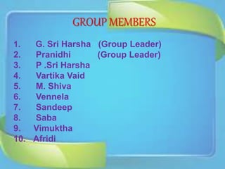 GROUP MEMBERS
1. G. Sri Harsha (Group Leader)
2. Pranidhi (Group Leader)
3. P .Sri Harsha
4. Vartika Vaid
5. M. Shiva
6. V...