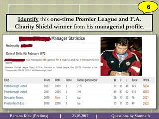 Questions by SomnathBanana Kick (Prelims) 23.07.2017I I
6
Identify this one-time Premier League and F.A.
Charity Shield winner from his managerial profile.
 