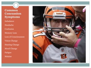 Common 
Concussion 
Symptoms 
Imbalance 
Headache 
Confusion 
Memory Loss 
Loss of Consciousness 
Vision Change 
Hearing Change 
Mood Change 
Fatigue 
Malaise 
 