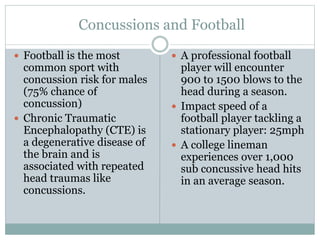 Concussions and Football 
 A professional football 
player will encounter 
900 to 1500 blows to the 
head during a season. 
 Impact speed of a 
football player tackling a 
stationary player: 25mph 
 A college lineman 
experiences over 1,000 
sub concussive head hits 
in an average season. 
 Football is the most 
common sport with 
concussion risk for males 
(75% chance of 
concussion) 
 Chronic Traumatic 
Encephalopathy (CTE) is 
a degenerative disease of 
the brain and is 
associated with repeated 
head traumas like 
concussions. 
 