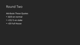 Round Two
Attribute These Quotes
• 10/0 on normal
• +15/-5 on stake
• +20 Full House
 