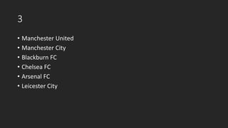 3
• Manchester United
• Manchester City
• Blackburn FC
• Chelsea FC
• Arsenal FC
• Leicester City
 