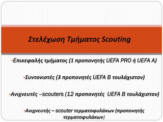 •Eπικεφαλής τμήματος (1 προπονητής UEFA PRO ή UEFA A)
•Συντονιστές (3 προπονητές UEFA B τουλάχιστον)
•Ανιχνευτές –scouters (12 προπονητές UEFA B τουλάχιστον)
•Ανιχνευτής – scouter τερματοφυλάκων (προπονητής
τερματοφυλάκων)
Στελέχωση Τμήματος Scouting
 