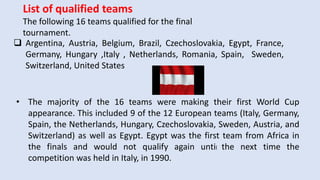 List of qualified teams
The following 16 teams qualified for the final
tournament.
 Argentina, Austria, Belgium, Brazil, Czechoslovakia, Egypt, France,
Germany, Hungary ,Italy , Netherlands, Romania, Spain, Sweden,
Switzerland, United States
• The majority of the 16 teams were making their first World Cup
appearance. This included 9 of the 12 European teams (Italy, Germany,
Spain, the Netherlands, Hungary, Czechoslovakia, Sweden, Austria, and
Switzerland) as well as Egypt. Egypt was the first team from Africa in
the finals and would not qualify again until the next time the
competition was held in Italy, in 1990.
 
