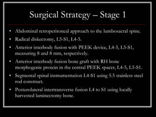 Surgical Strategy – Stage 1
• Abdominal retroperitoneal approach to the lumbosacral spine.
• Radical diskectomy, L5-S1, L4-5.
• Anterior interbody fusion with PEEK device, L4-5, L5-S1,
  measuring 8 and 8 mm, respectively.
• Anterior interbody fusion bone graft with RH bone
  morphogenic protein in the central PEEK spacer, L4-5, L5-S1.
• Segmental spinal instrumentation L4-S1 using 5.5 stainless steel
  rod construct.
• Posterolateral intertransverse fusion L4 to S1 using locally
  harvested laminectomy bone.
 