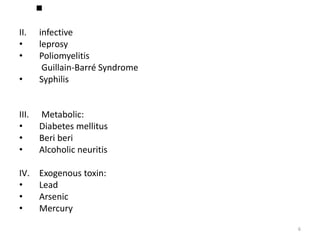II. infective
• leprosy
• Poliomyelitis
Guillain-Barré Syndrome
• Syphilis
III. Metabolic:
• Diabetes mellitus
• Beri beri
• Alcoholic neuritis
IV. Exogenous toxin:
• Lead
• Arsenic
• Mercury
6

 