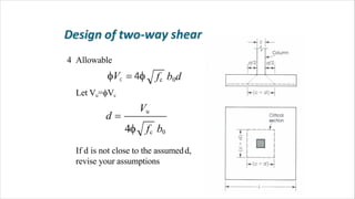 Let Vu=Vc
4 Allowable
fc b0dVc  4
Vu
d 
4 fc b0
If d is not close to the assumedd,
revise your assumptions
 