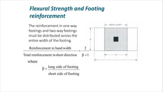 The reinforcement in one-way
footings and two-way footings
must be distributed across the
entire width of the footing.
2Reinforcement in band width

short side of footing
Total reinforcement inshort direction  1
where
  long side of footing
 