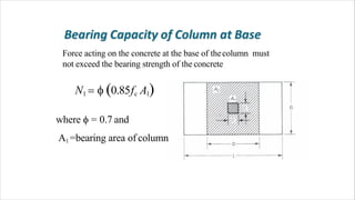 Force acting on the concrete at the base of thecolumn must
not exceed the bearing strength of the concrete
N1   0.85fc A1
where  = 0.7 and
A1 =bearing area of column
 