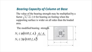 The value of the bearing strength may be multiplied by a
factor A2/ A1 2.0 for bearing on footing when the
supporting surface is wider on all sides than the loaded
area.
The modified bearing strength
N2  0.85 fc A1 A2/ A1
N2  2 0.85 fc A1
 