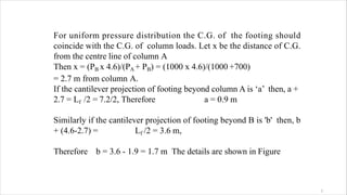 For uniform pressure distribution the C.G. of the footing should
coincide with the C.G. of column loads. Let x be the distance of C.G.
from the centre line of column A
Then x = (PB x 4.6)/(PA + PB) = (1000 x 4.6)/(1000 +700)
= 2.7 m from column A.
If the cantilever projection of footing beyond column A is ‘a’ then, a +
2.7 = Lf /2 = 7.2/2, Therefore a = 0.9 m
Similarly if the cantilever projection of footing beyond B is 'b' then, b
+ (4.6-2.7) = Lf /2 = 3.6 m,
Therefore b = 3.6 - 1.9 = 1.7 m The details are shown in Figure
1
 